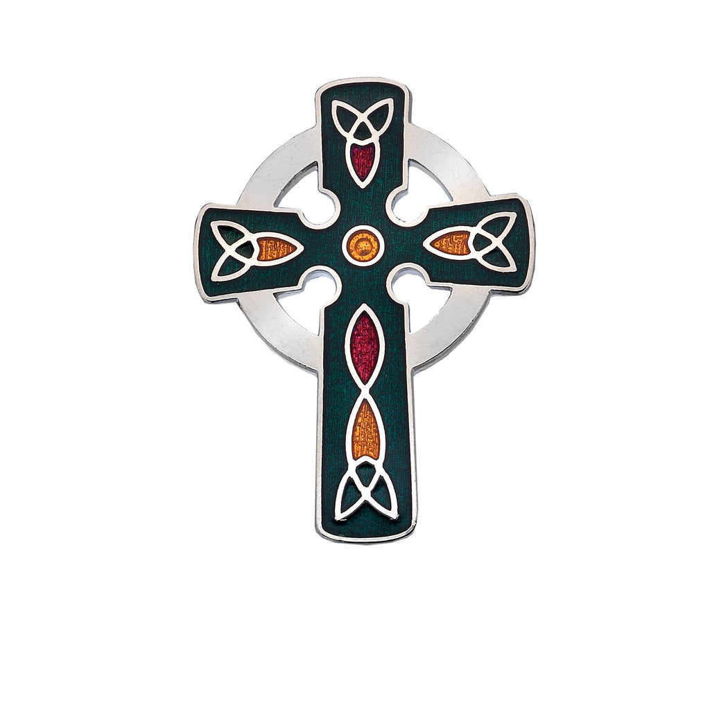 Brooches - Green Celtic Cross Brooch With Coloured Trinity Knots