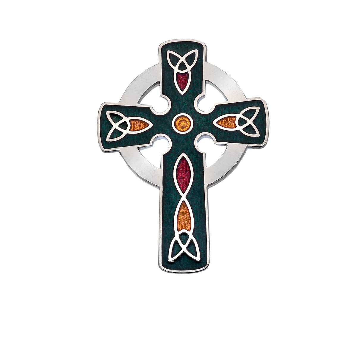 Celtic Cross Brooch - Green Glass Enamel & Rhodium Plated Copper