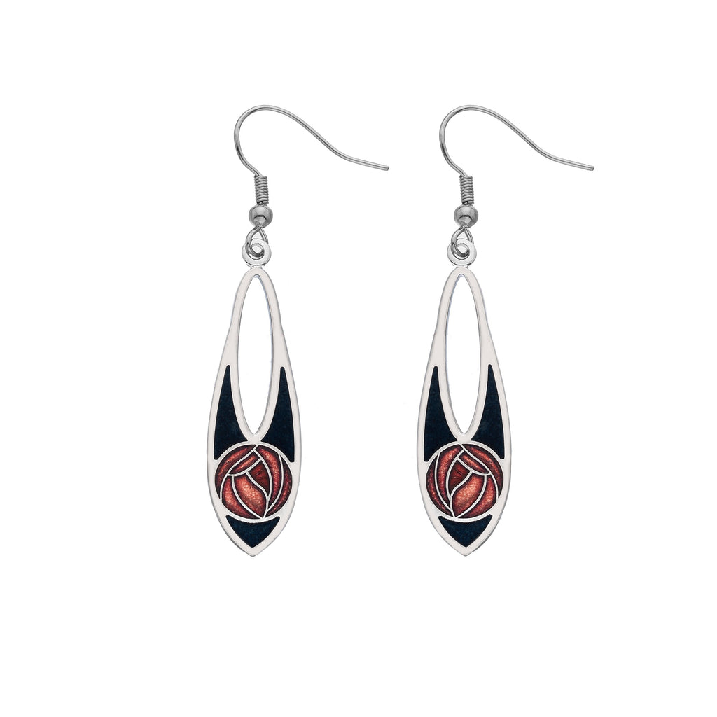 Earrings - Black Teardrop Earrings With A Red Mackintosh Rose