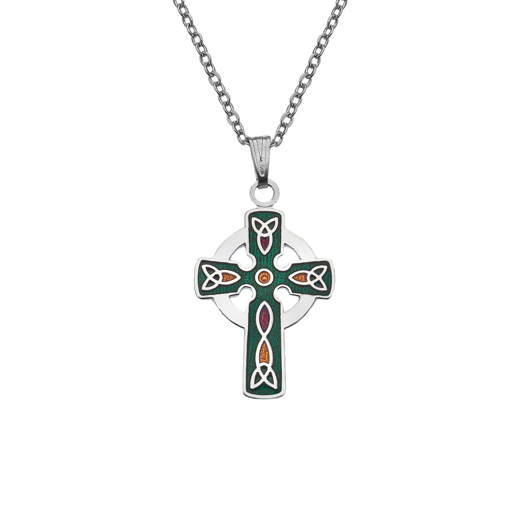 Necklaces - Green Celtic Cross Necklace With Coloured Trinity Knots