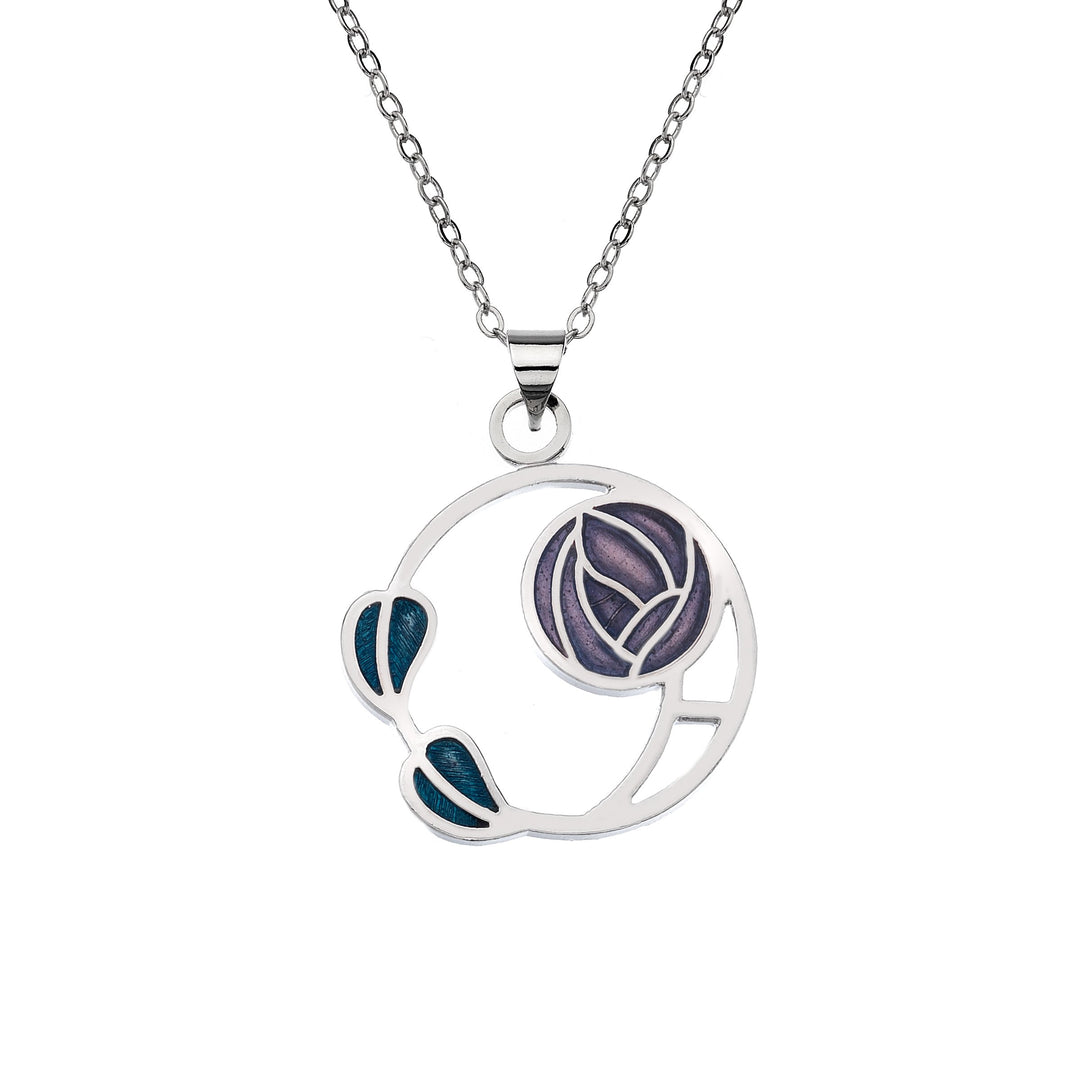 Purple Mackintosh Rose and Leaves Necklace