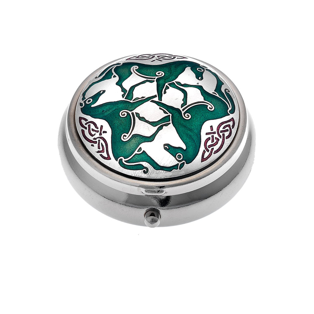 Pillboxes - Celtic Green Horses With Knot Detail Enamel Pillbox