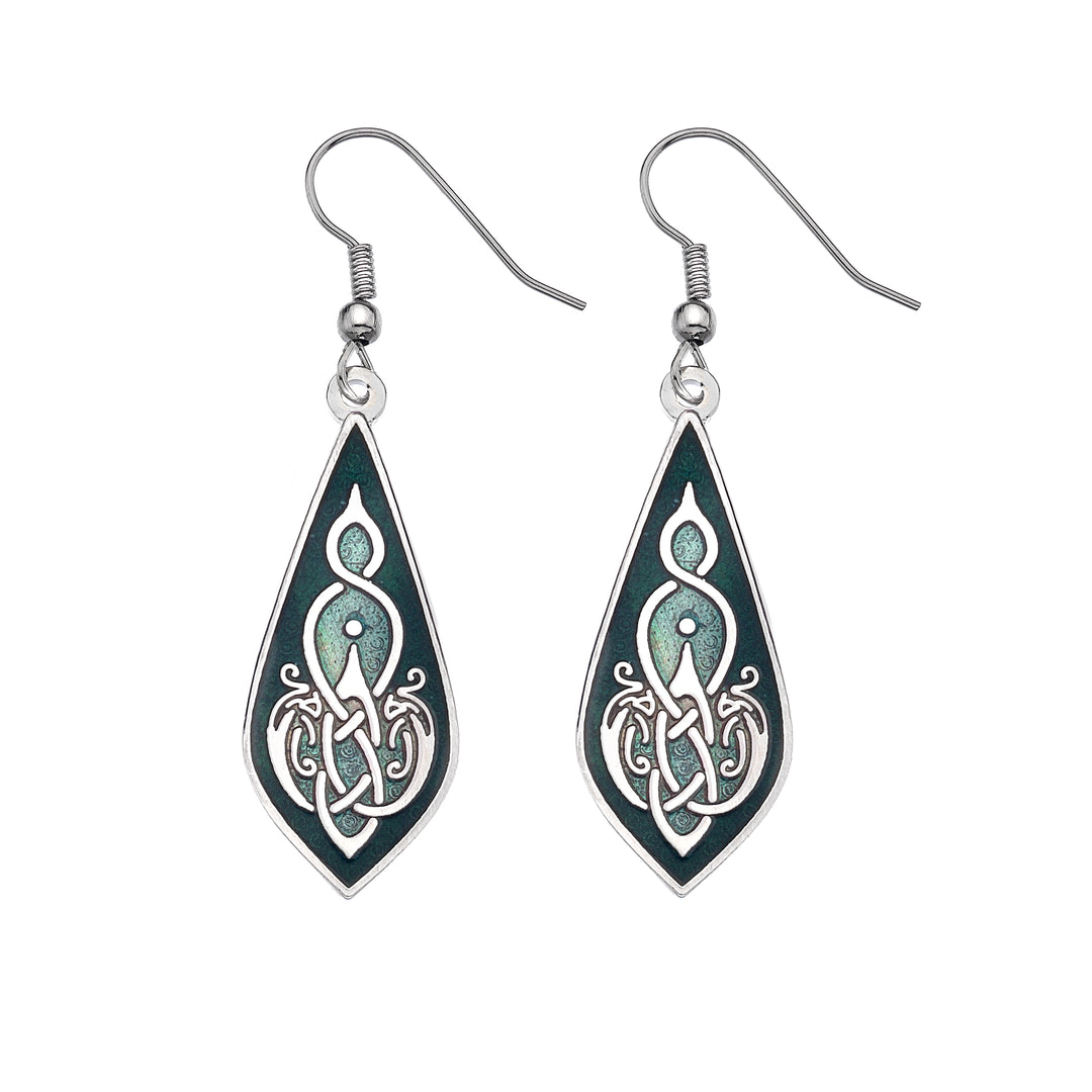 Green Teardrop Celtic Birds Earrings