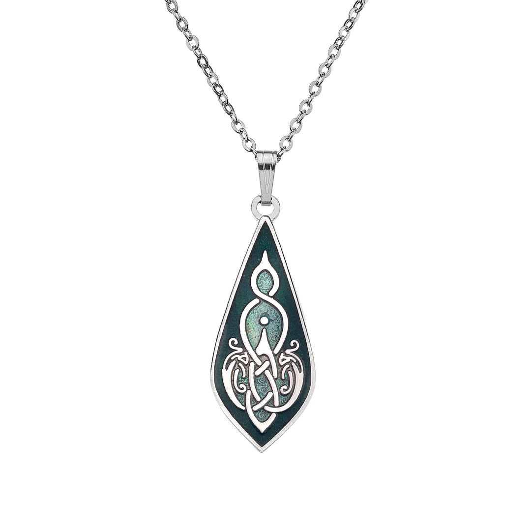 Green Teardrop Celtic Birds Necklace