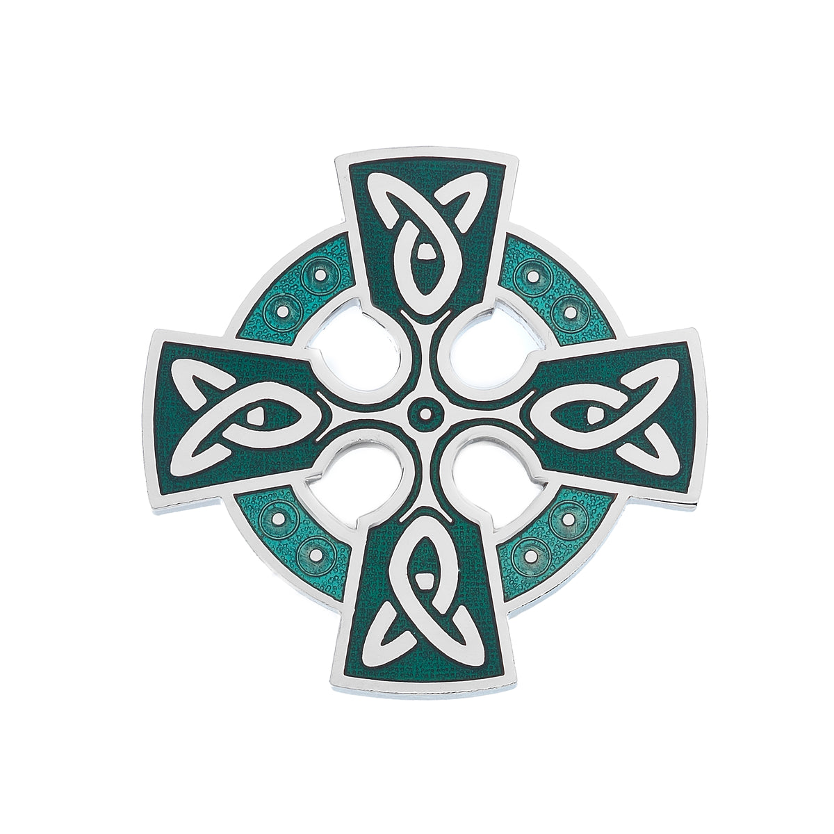 Green Celtic Cross Head Brooch With Knot Detail Glass Enamel Celtic Lands