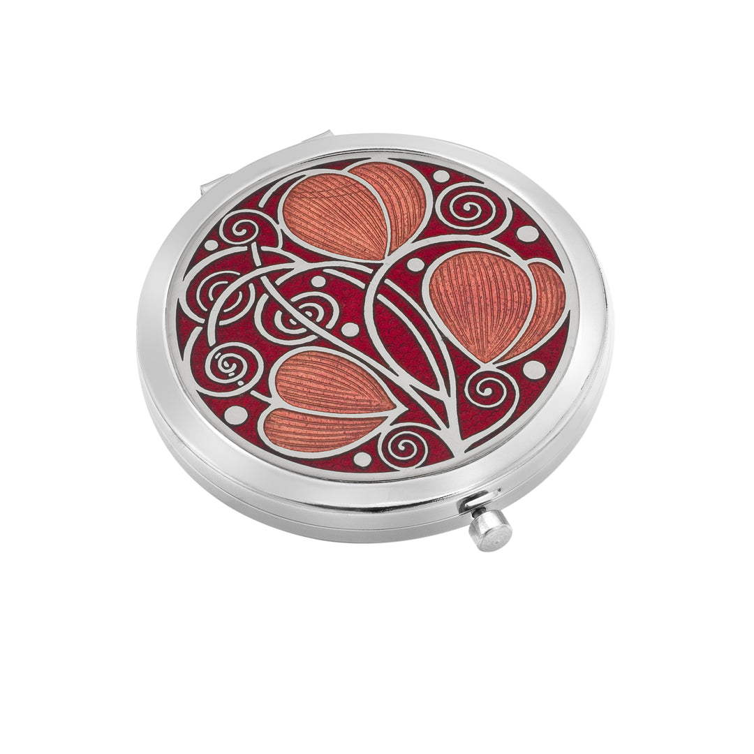 Red Mackintosh leaves and coils enamel compact mirror
