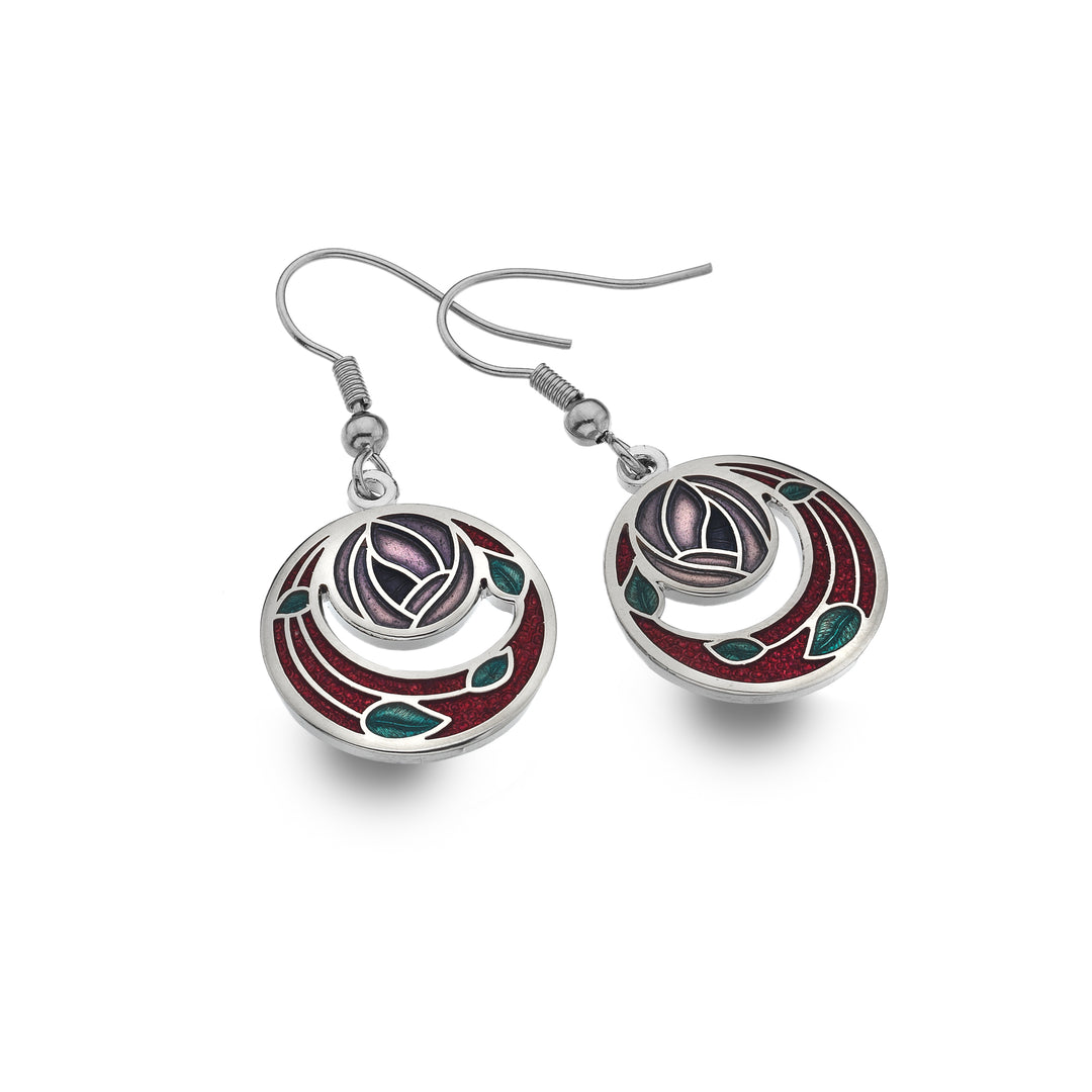 Red & Lilac Mackintosh rose garden earrings