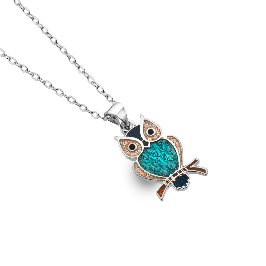 Turquoise Enamel Owl on Branch Necklace