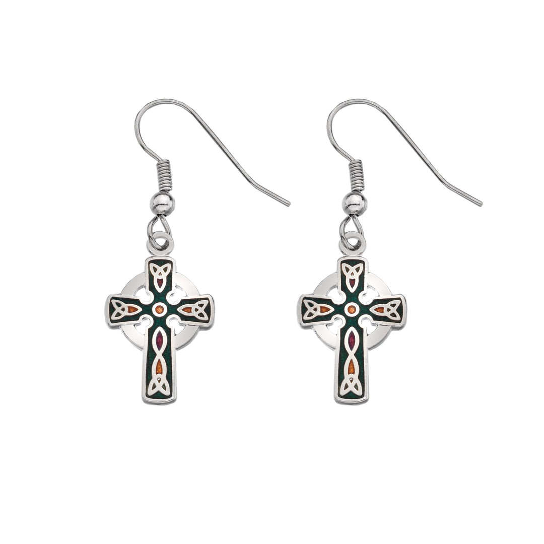 Green Celtic Cross Earrings with Coloured Trinity Knots