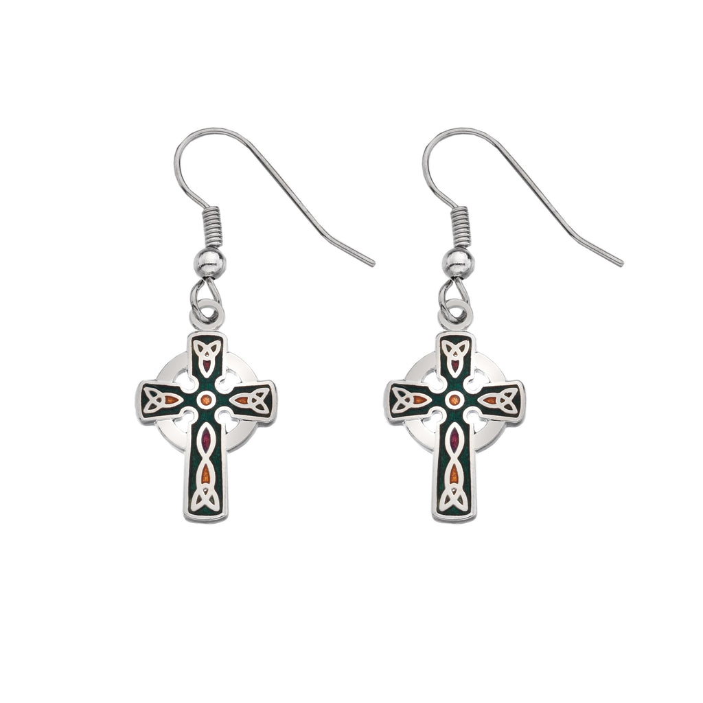 Earrings - Green Celtic Cross Earrings With Coloured Trinity Knots