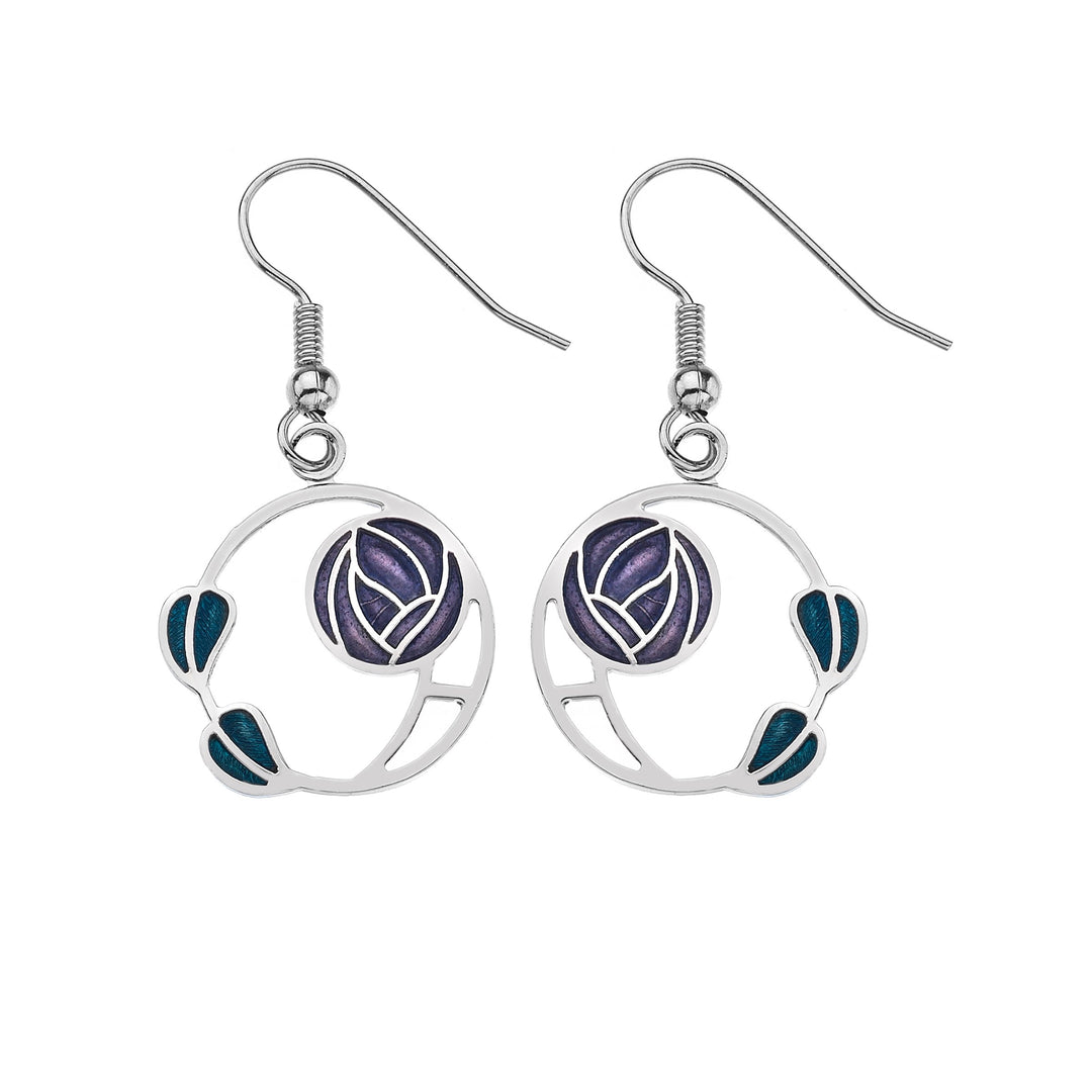 Purple Mackintosh Rose and Leaves Earrings