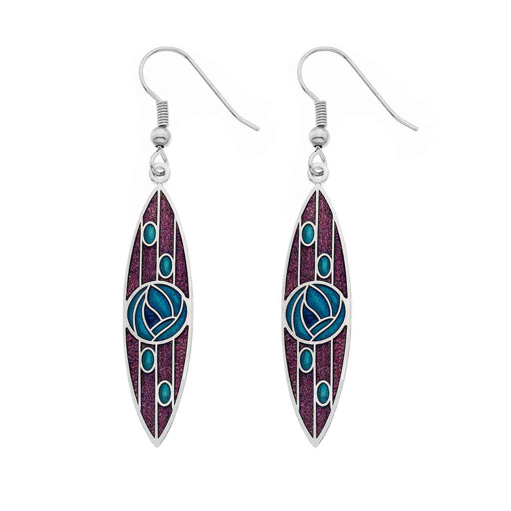 Earrings - Mackintosh Turquoise Rose With Mauve Background Pointed Oval Earrings