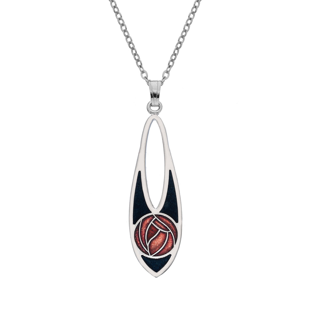 Necklaces - Black Teardrop Necklace With A Red Mackintosh Rose