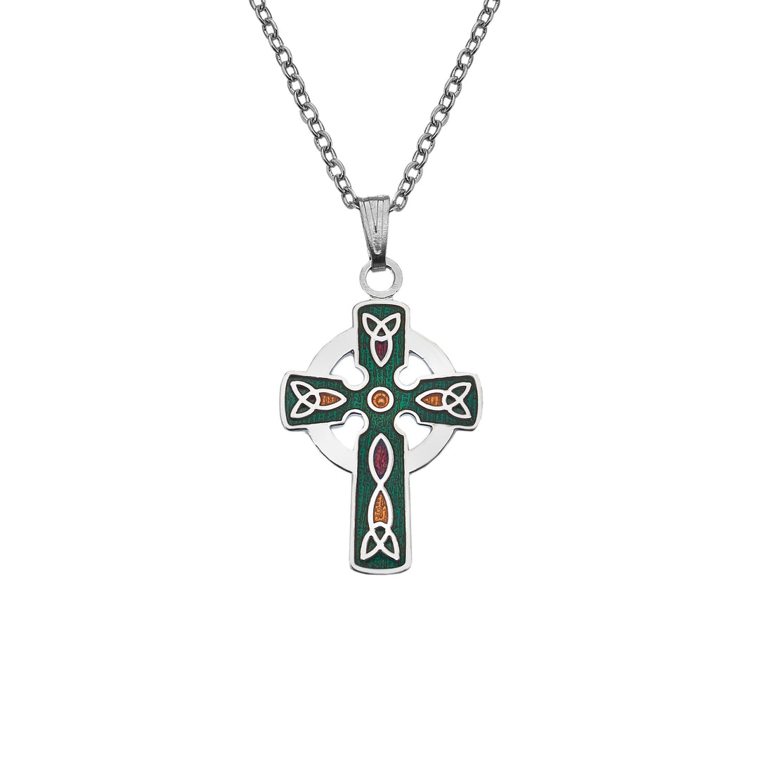 Green Celtic Cross Necklace with Coloured Trinity Knots