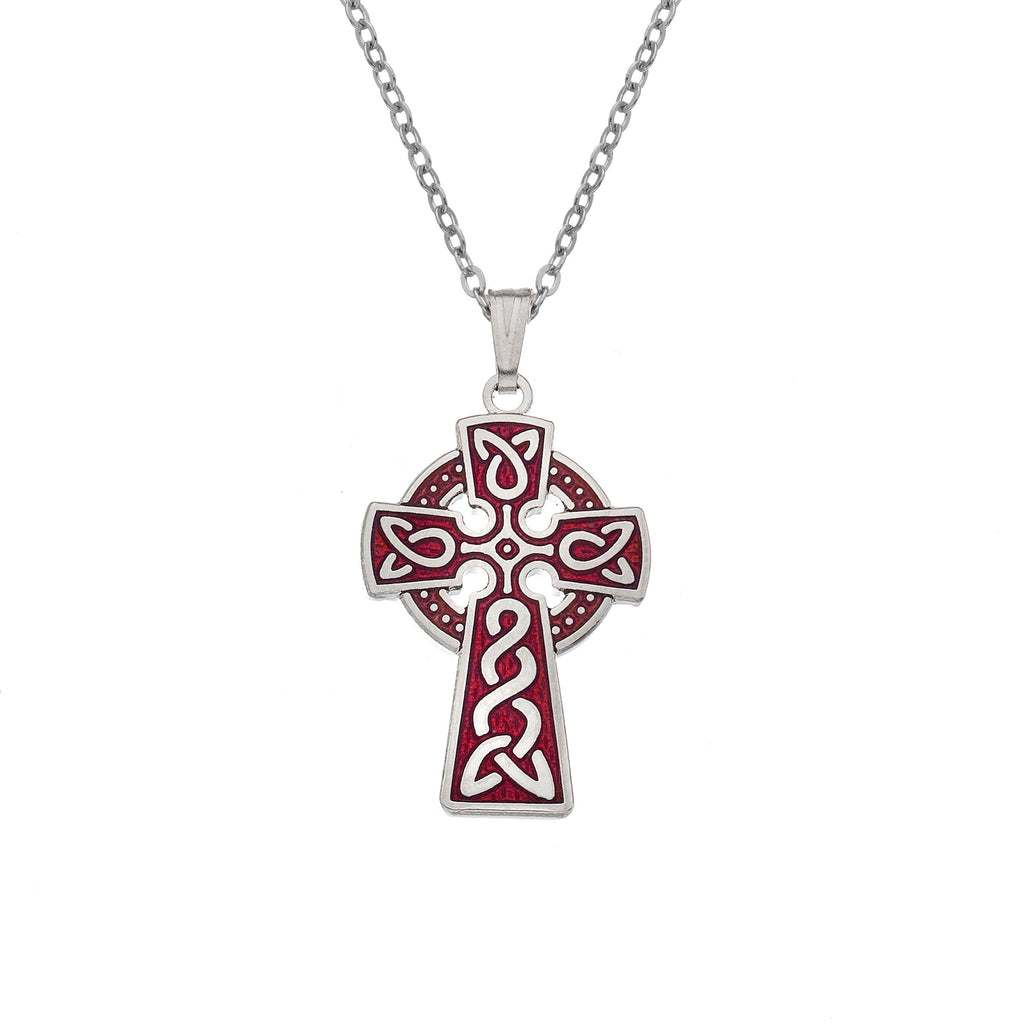 Necklaces - Red Celtic Cross Necklace With Knot Detail