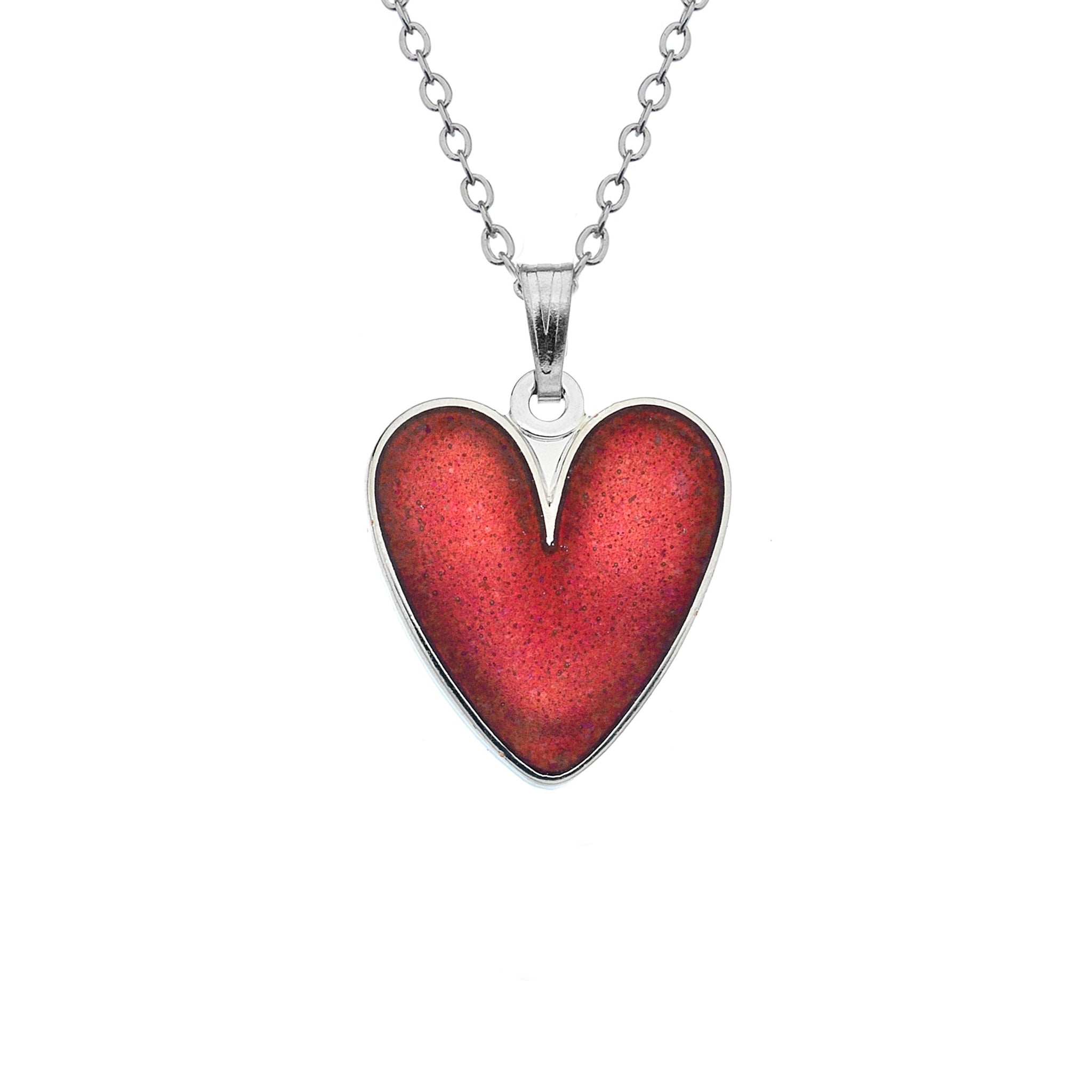 Love Heart Pendant Necklace - Red Glass Enamel & Rhodium Plated