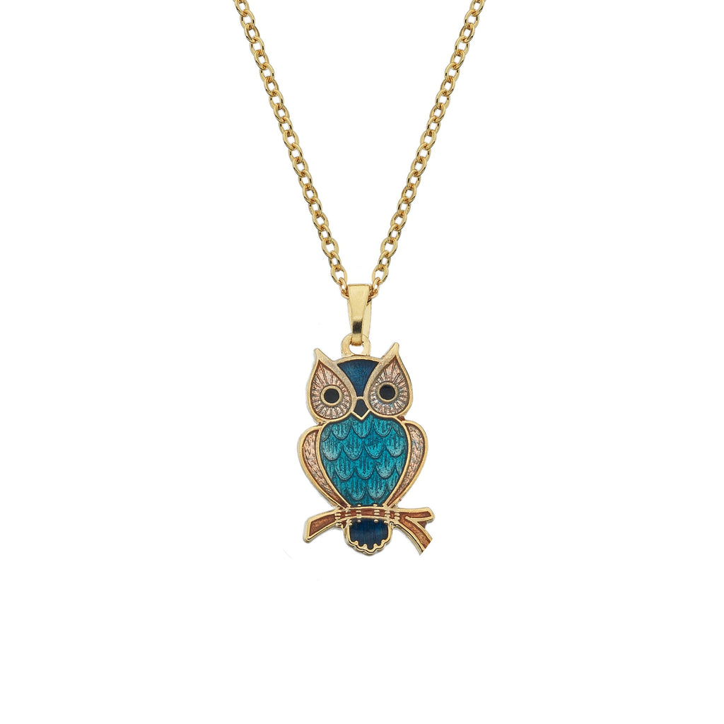 Necklaces - Turquoise Enamel Owl On Branch Necklace