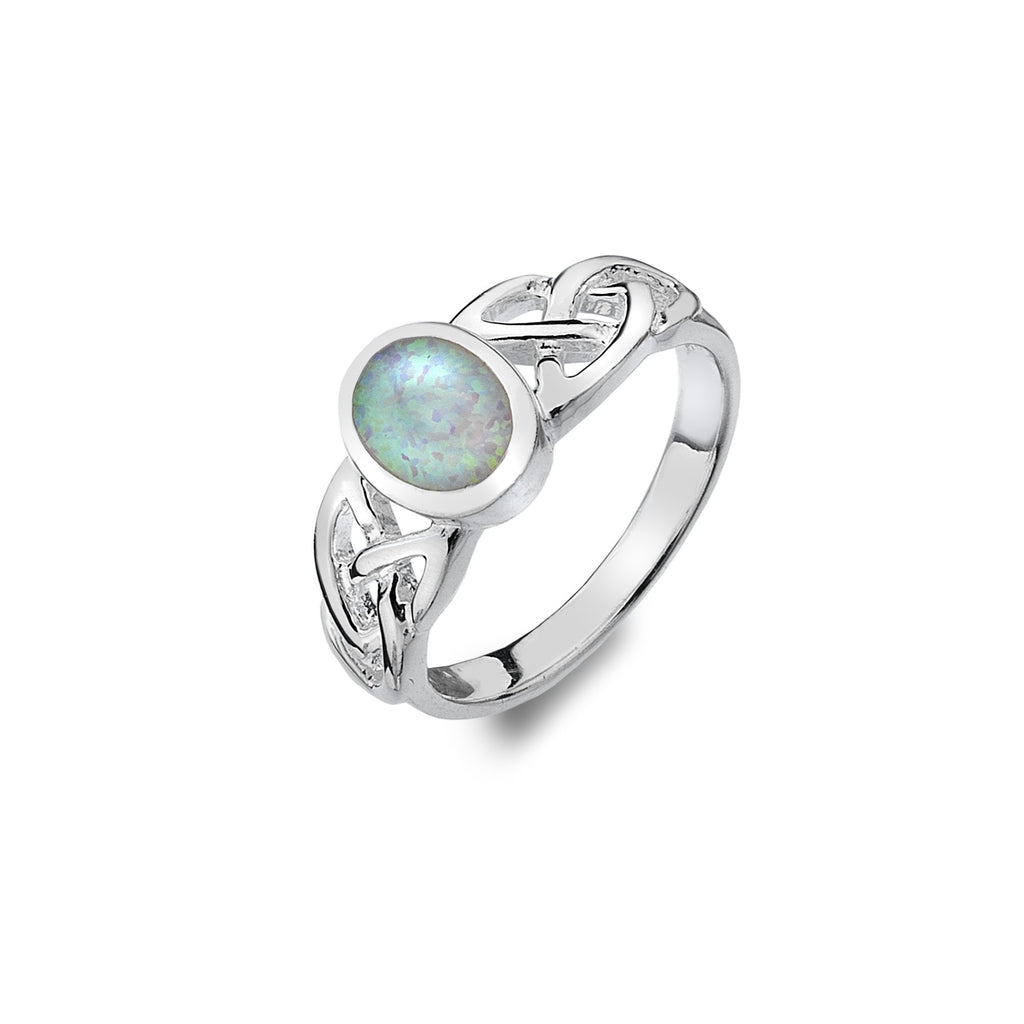 Rings - Sterling Silver Synthetic Opal Ring With Trinity Knot Detail